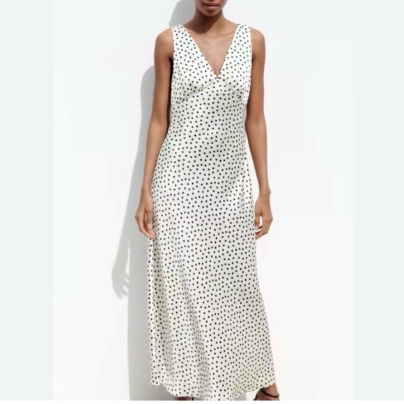 Zara Dresses & Skirts - Zara Polka Dot Satin Slip Maxi Dress Size Medium Cream Black